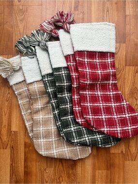 Set of 6 Tahari Plaid Holiday Stocking with Sherpa Cuff - Red, Green, Tan